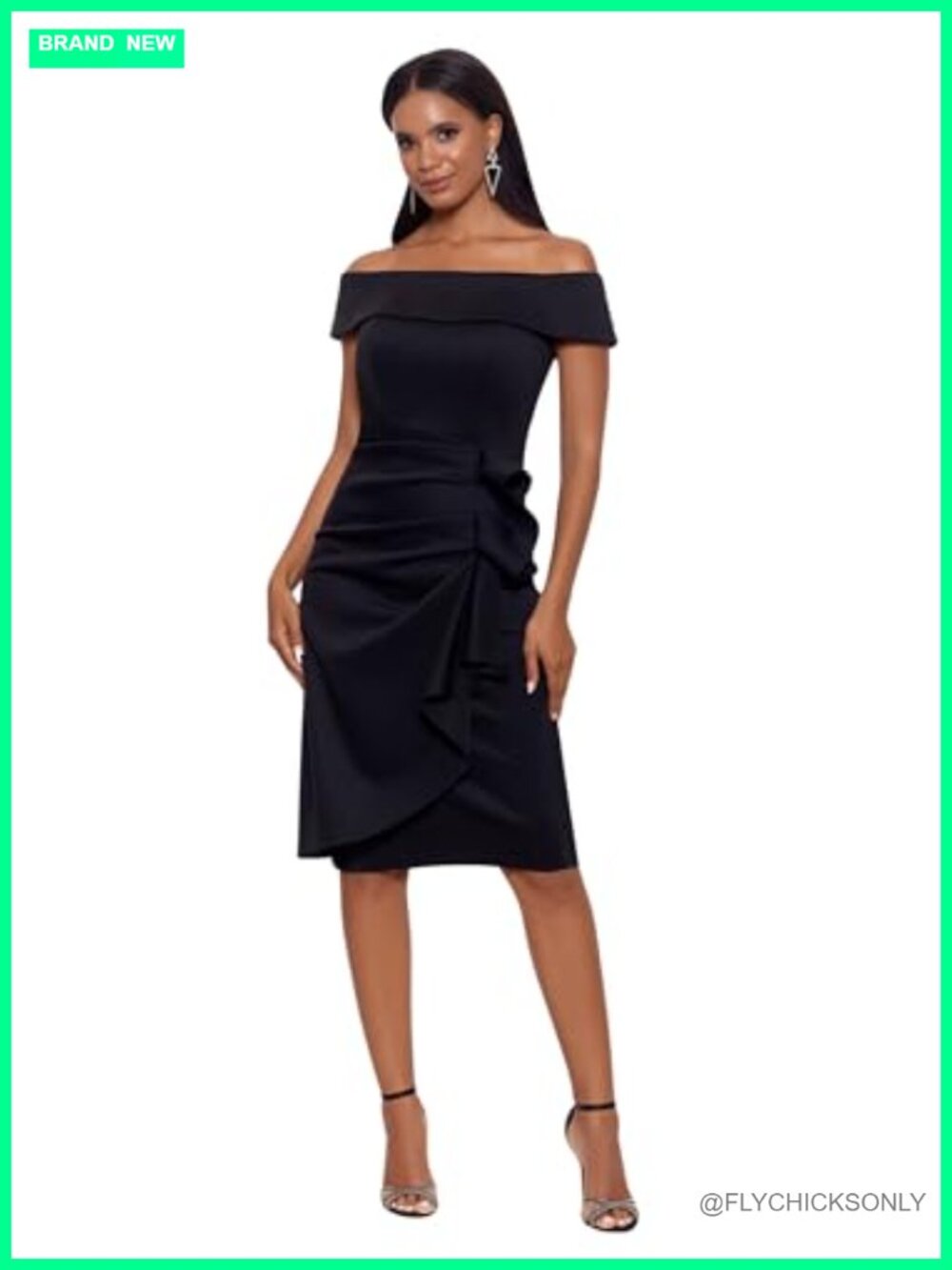 Off-The-Shoulder Knee-Length Dress Ruffled Side Fitted Scuba Cocktail